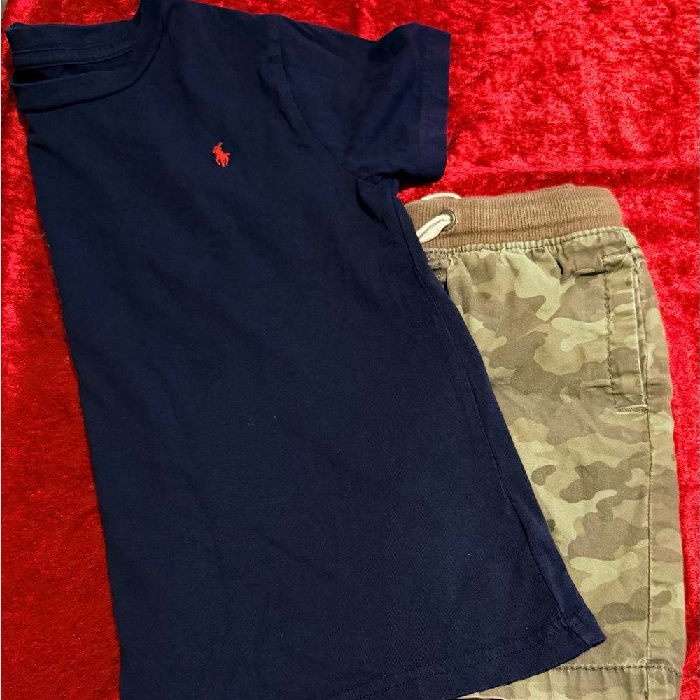 Boys outfit. Ralph Lauren shirt & green camouflage shorts